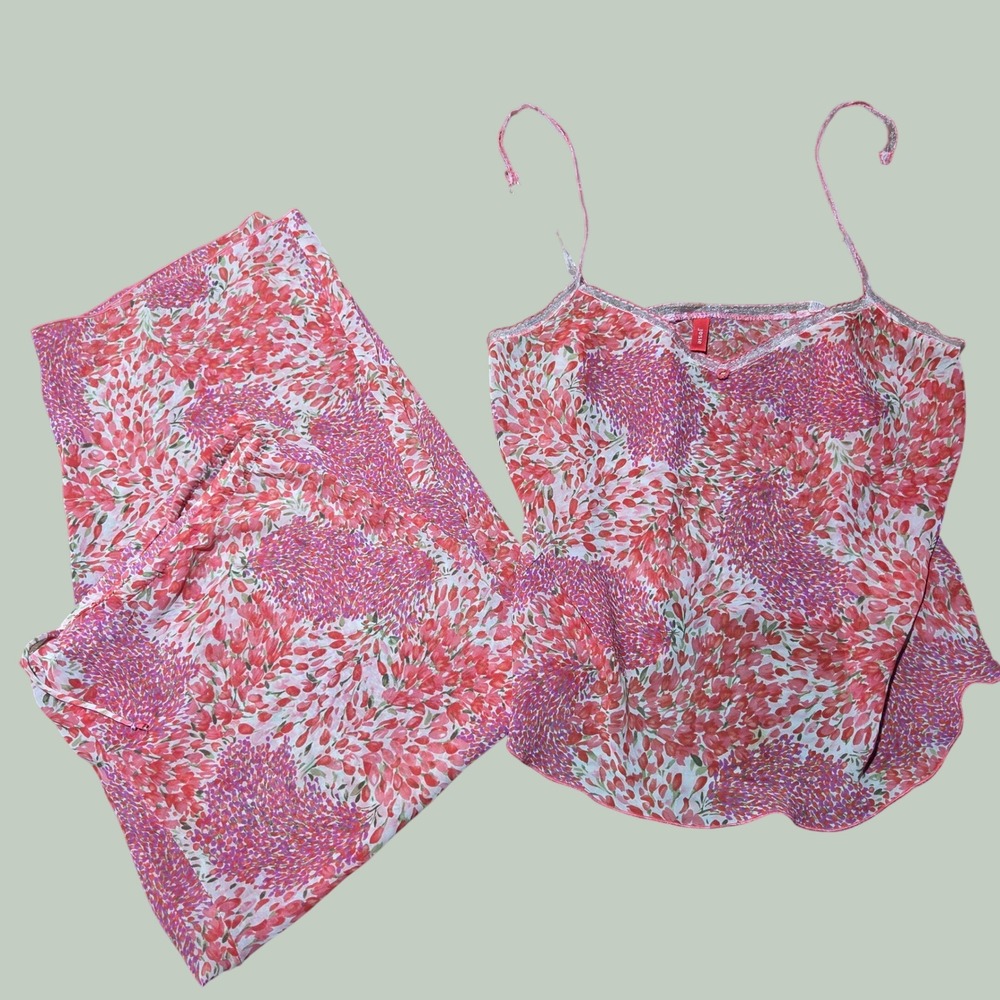 Josie Natori Y2K Sheer Pink Floral Cami and Pants Pajama Set Loungewear